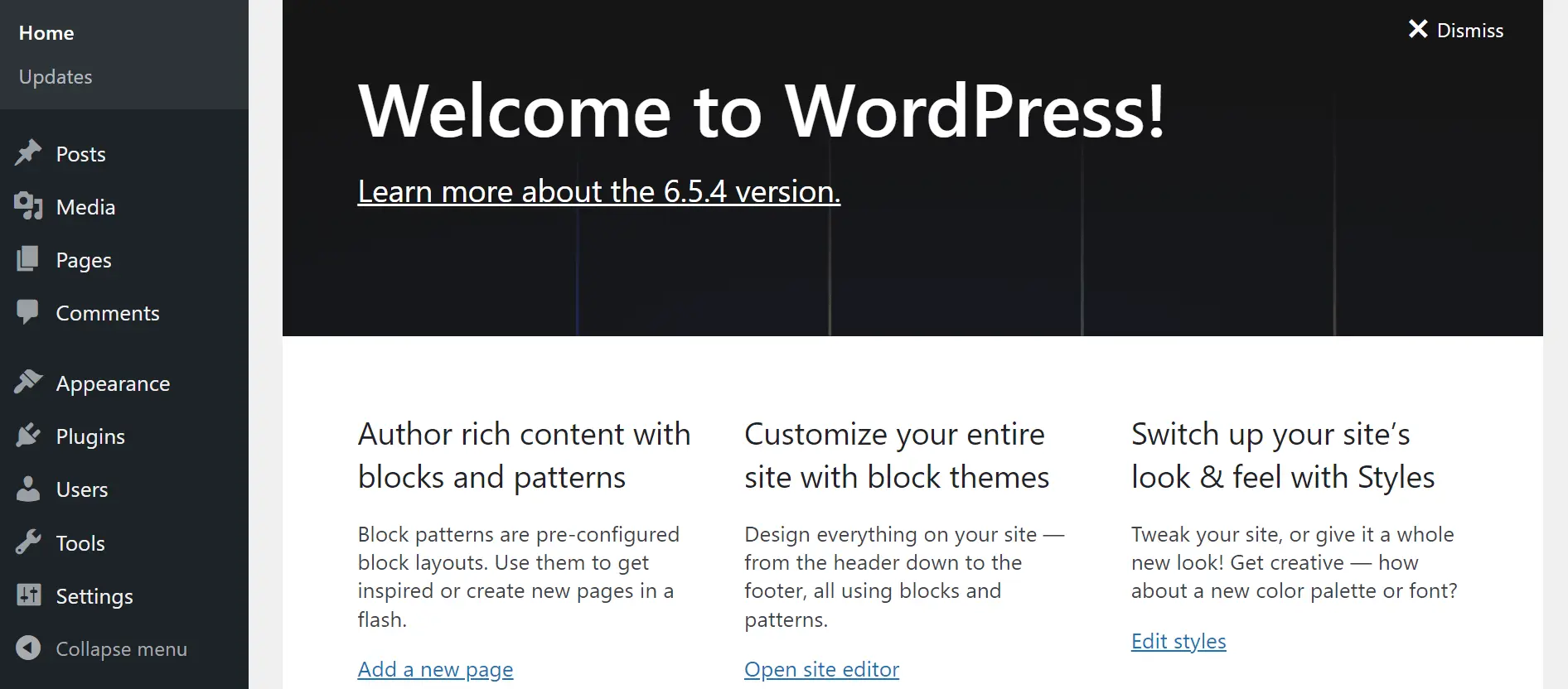 A look of the WordPress dashboard
